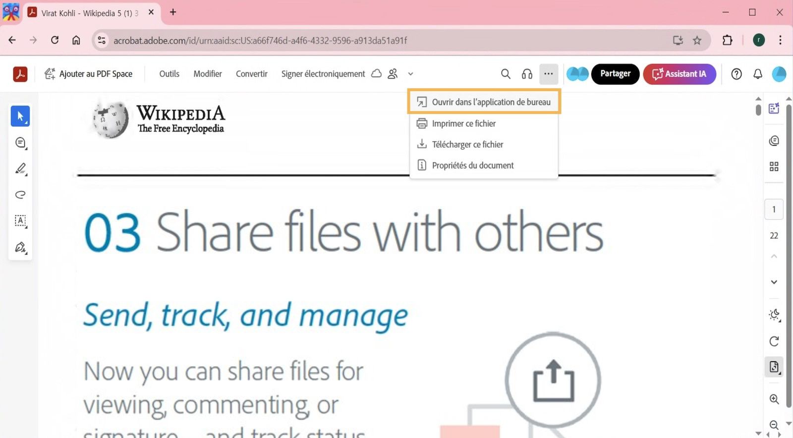 Acrobat web affiche l’option Ouvrir dans l’application de bureau dans le menu d’impression, de téléchargement et autre.