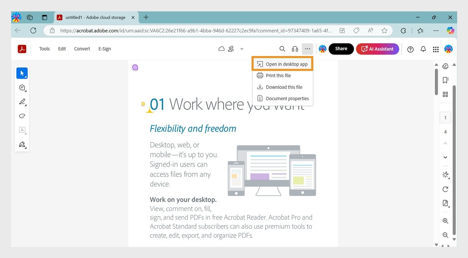Az Acrobat web megjeleníti a Megnyitás asztali alkalmazásban lehetőséget a Nyomtatás, letöltés és egyéb menüben.