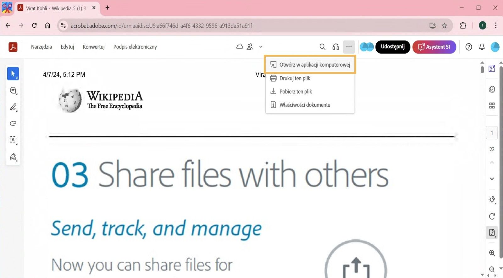 Acrobat w przeglądarce wyświetla opcję Otwórz w aplikacji komputerowej w menu Drukowanie, pobieranie i nie tylko.