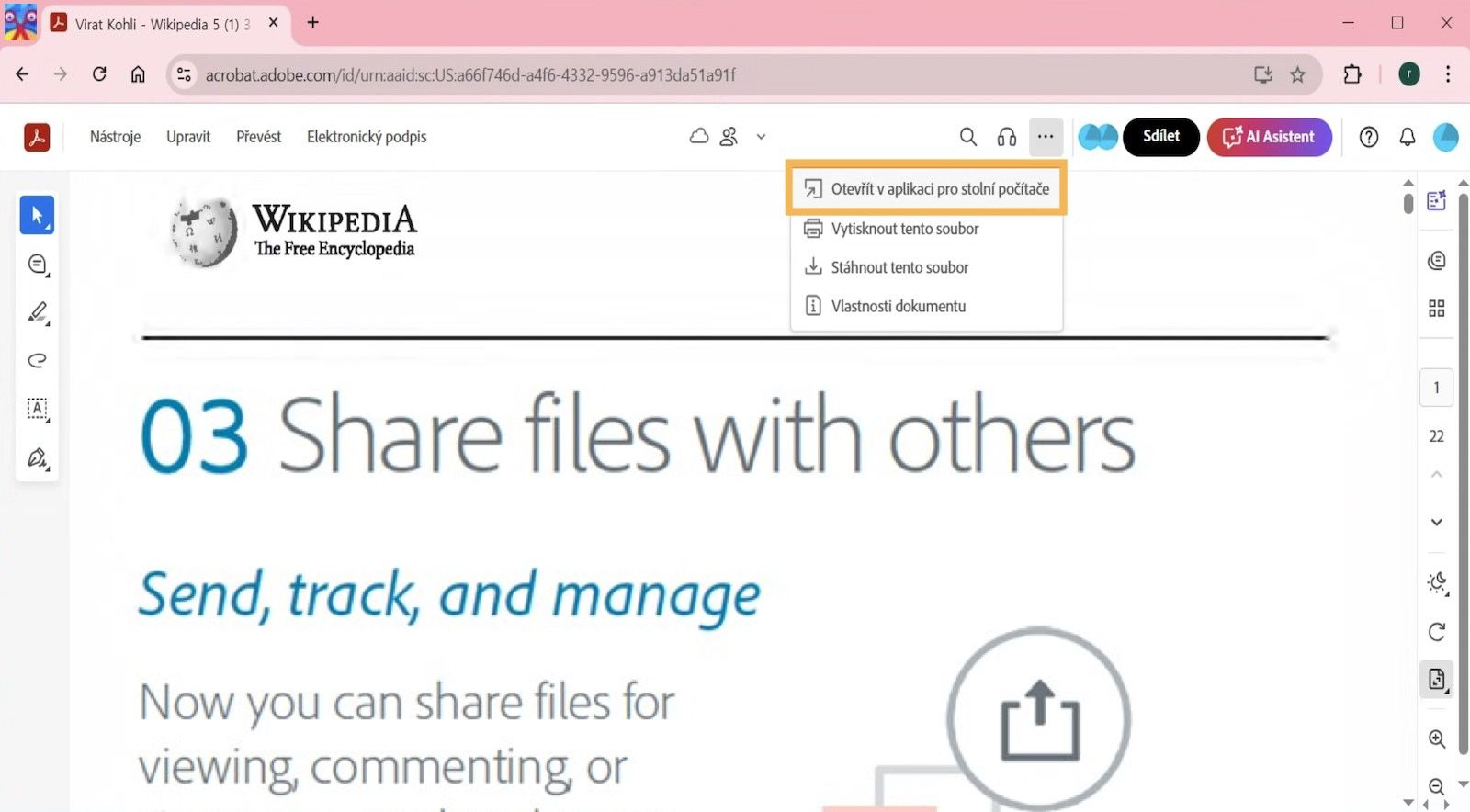 Acrobat web zobrazuje možnost Otevřít v aplikaci pro počítače v nabídce Tisk, stáhnout a další.