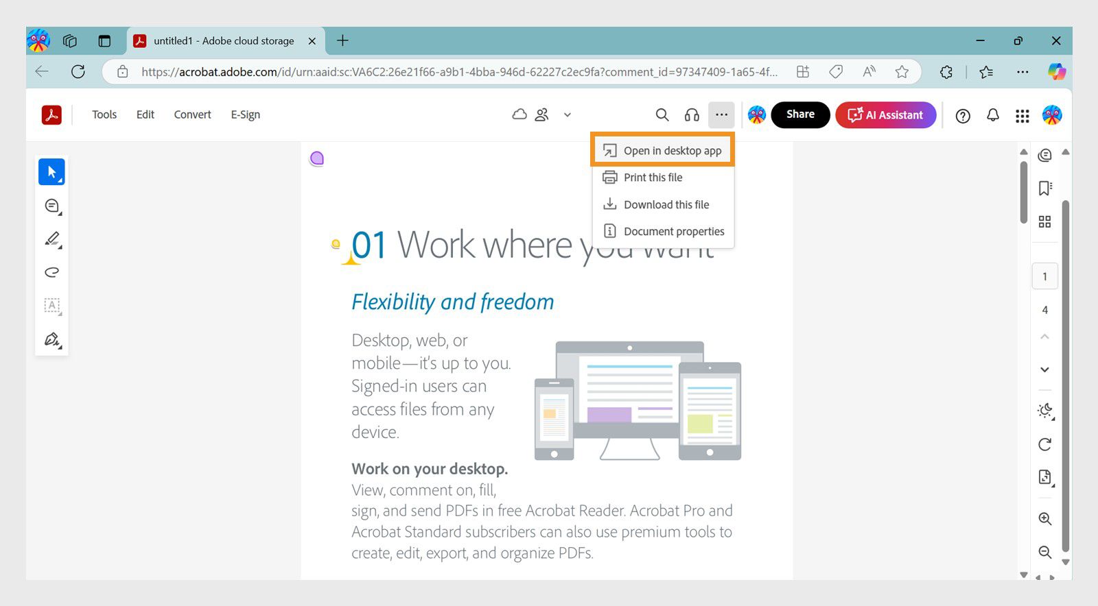Ipinapakita ng Acrobat web ang opsyong Open in desktop app sa menu ng Print, i-download at iba pa.