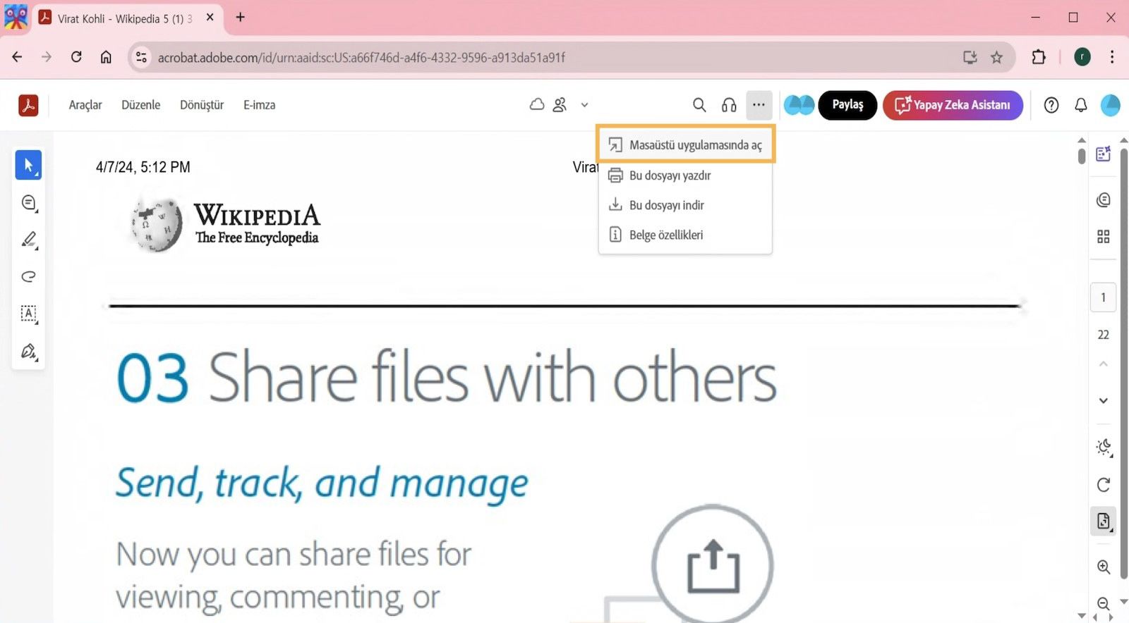 Acrobat web, Yazdır, indir ve daha fazlası menüsünde Masaüstü uygulamasında aç seçeneğini görüntüler.