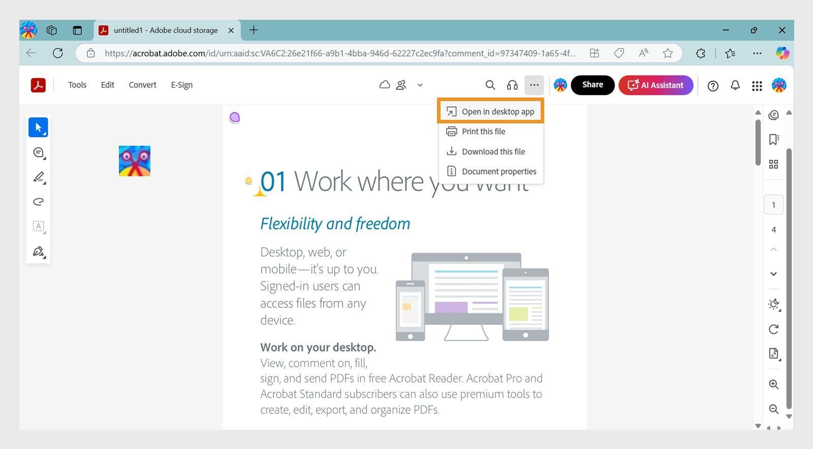 Acrobat v spletu prikaže možnost Odpri v programu za namizne računalnike v meniju Natisni, prenesi in več.