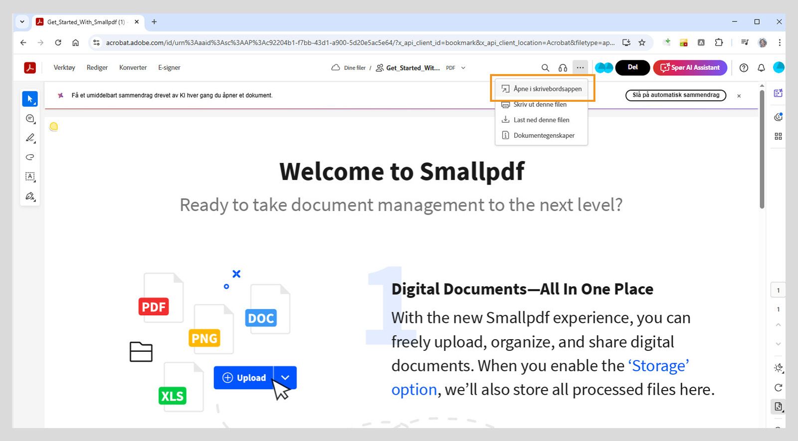 Acrobat web viser alternativet «Åpne» i skrivebordsprogram i menyen «Skriv ut, last ned og mer».