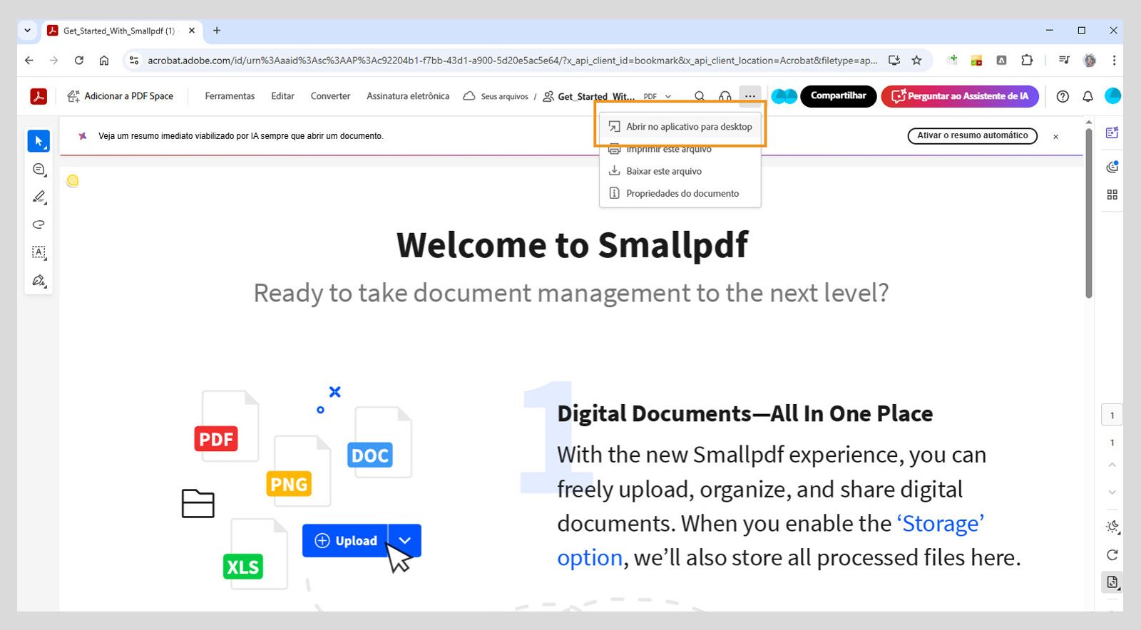 O Acrobat web exibe a opção Abrir no aplicativo de desktop no menu Imprimir, baixar e mais.