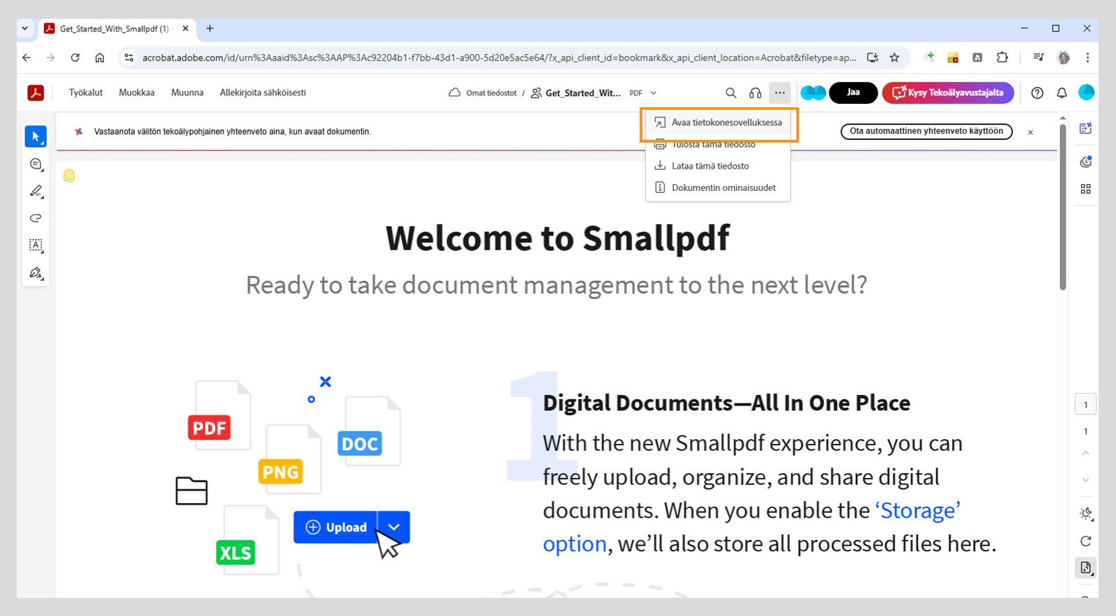 Acrobatin verkkoversiossa näkyy Avaa tietokonesovelluksessa -vaihtoehto Tulosta, lataa ja muuta -valikossa.