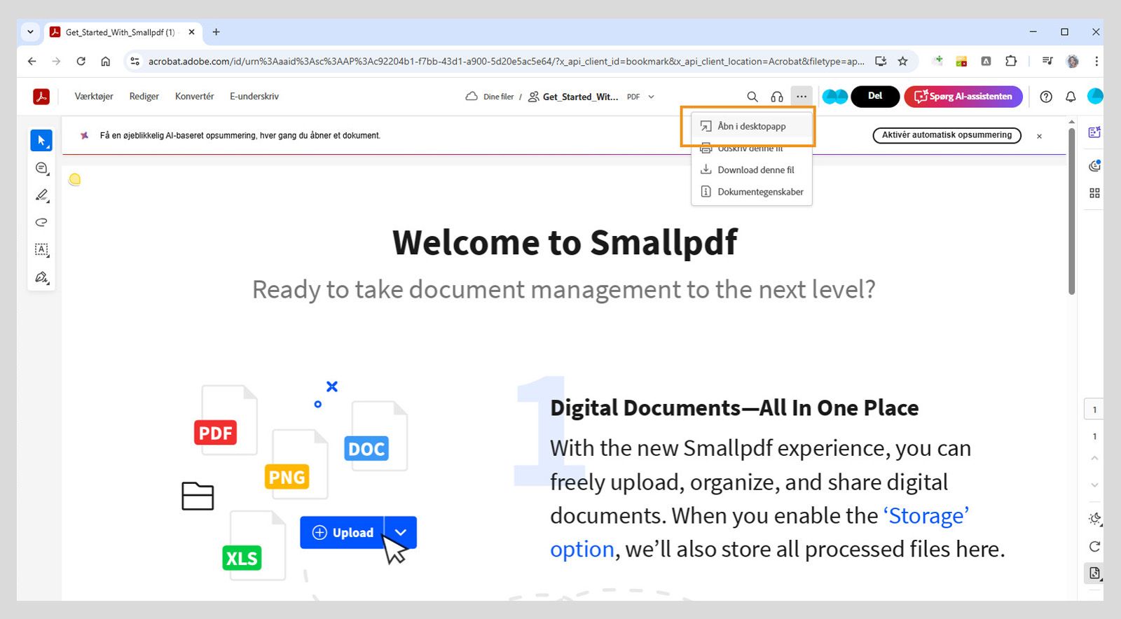 Acrobat til internet viser indstillingen Åbn i computerapp i menuerne Udskriv, Download og Mere.