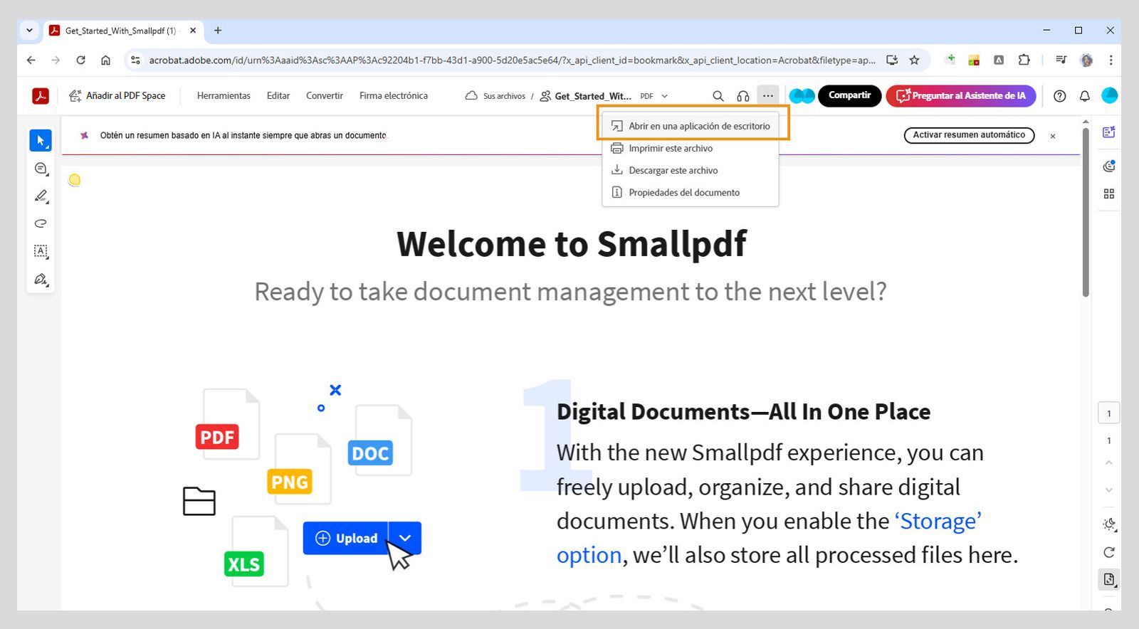 Acrobat web muestra la opción Abrir en la aplicación de escritorio en el menú Imprimir, descargar y más.