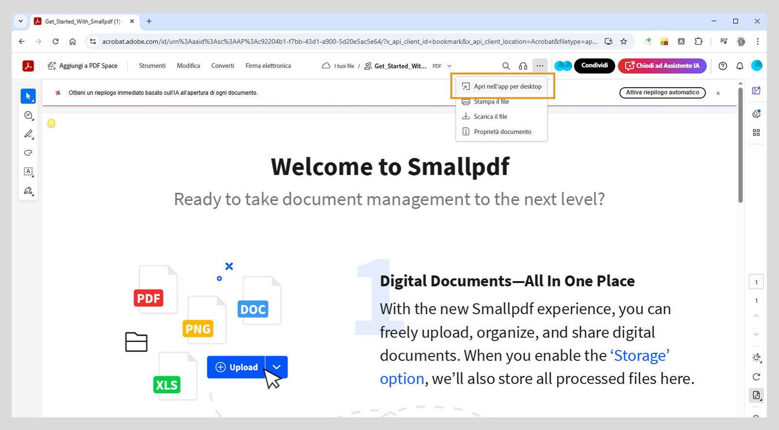 Acrobat web mostra l’opzione Apri nell’app desktop nel menu Stampa, scarica e altro.