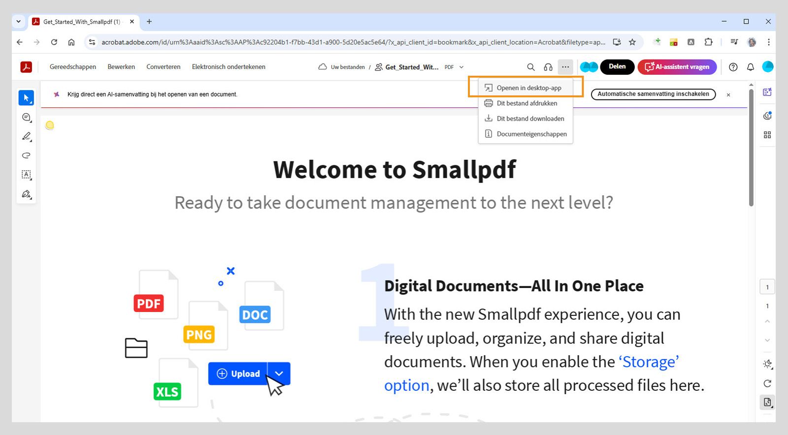 Acrobat web geeft de optie Openen in desktop-app weer in het menu Afdrukken, downloaden en meer.