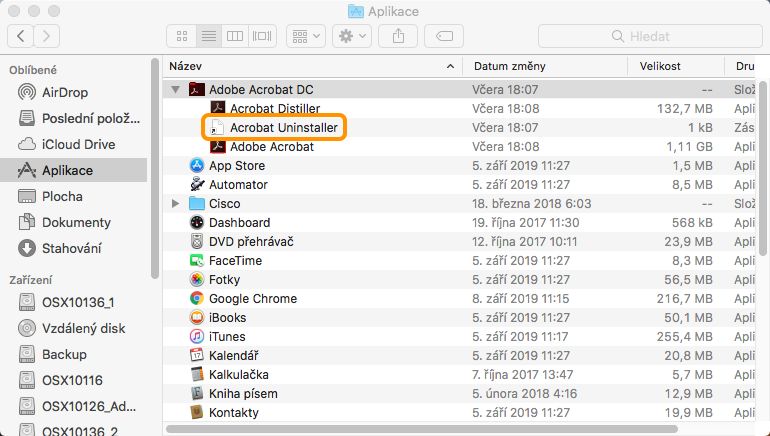 Odinstalační program aplikace Acrobat