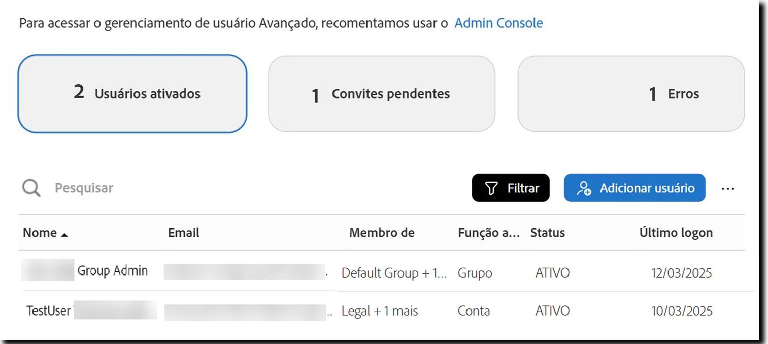 A página Usuários mostrando a exibição Usuários ativos