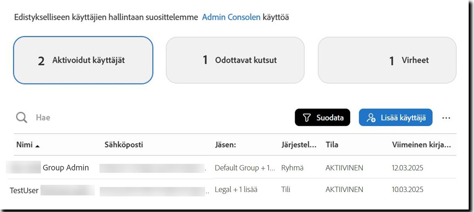 Käyttäjät-sivu, jossa näkyy Aktiiviset käyttäjät -näkymä