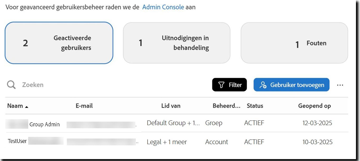 De pagina Gebruikers met de weergave Actieve gebruikers