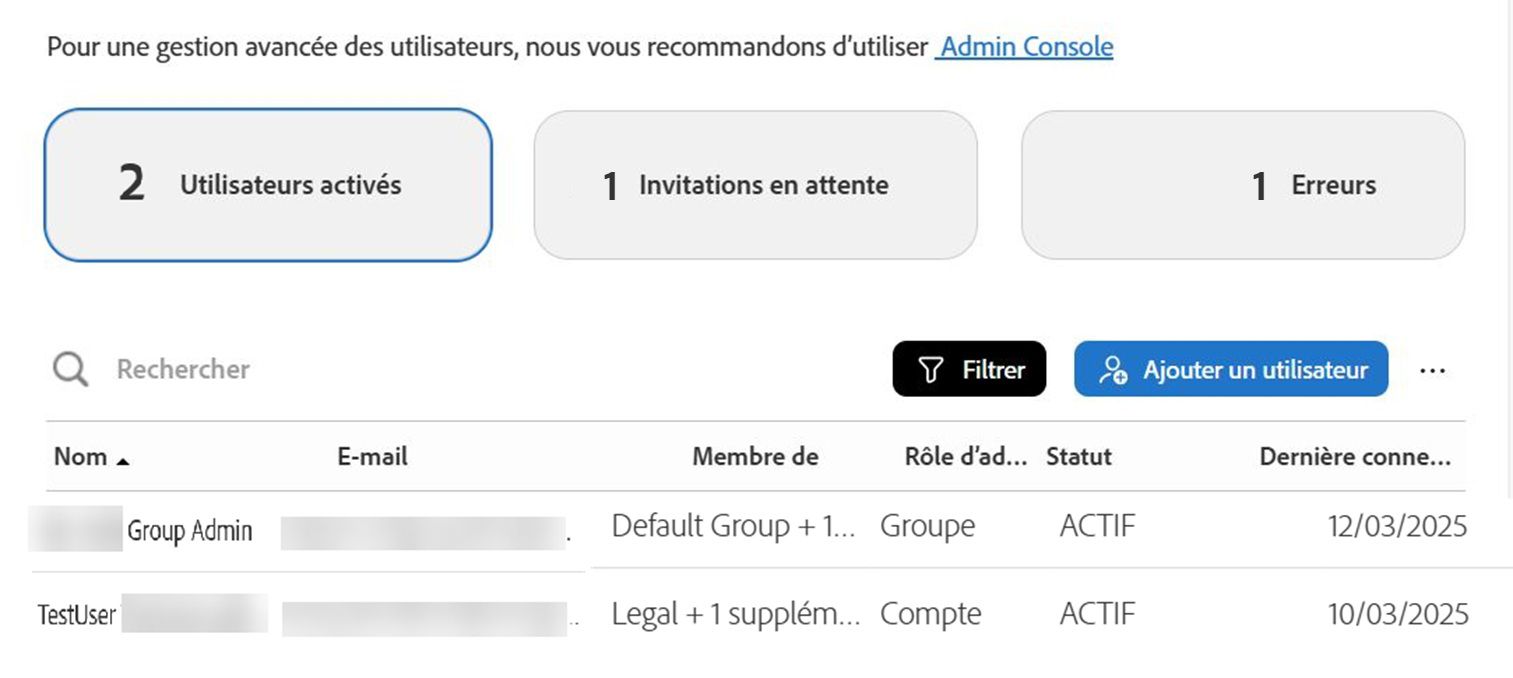Page Utilisateurs affichant la vue Utilisateurs actifs