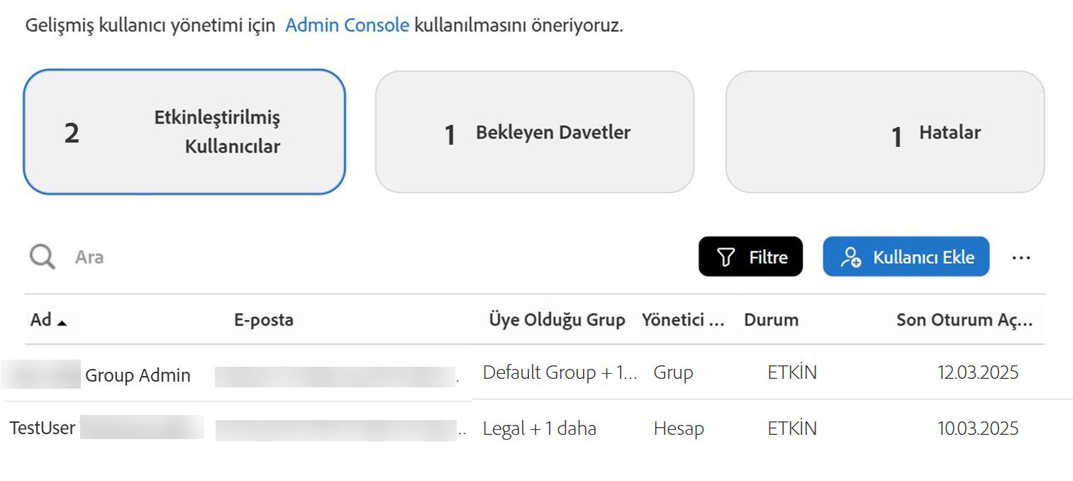 Etkin Kullanıcılar görünümünü gösteren Kullanıcılar sayfası