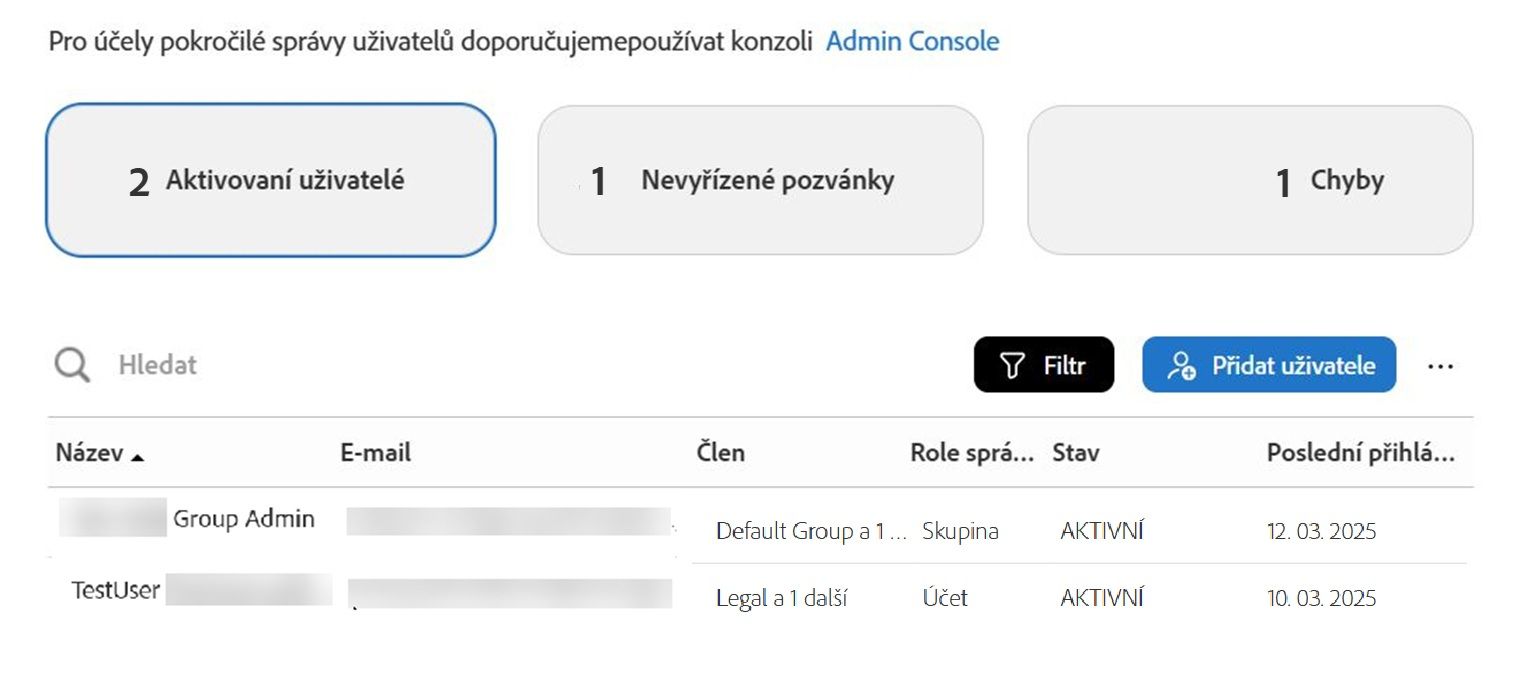 Stránka Uživatelé se zobrazením Aktivní uživatelé