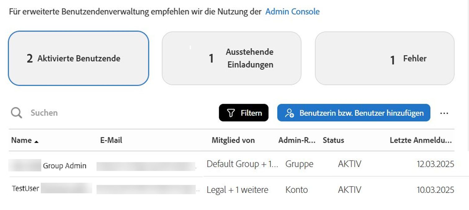 Die Seite „Benutzende“ mit der Ansicht „Aktive Benutzende“
