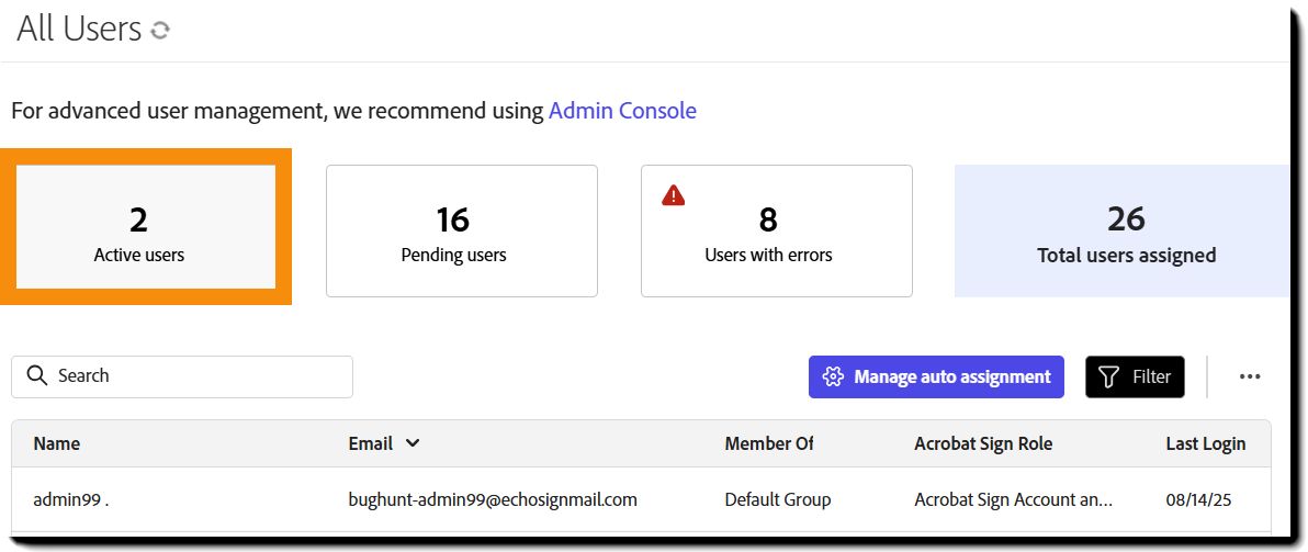 Страница «Пользователи» с представлением «Активные пользователи»
