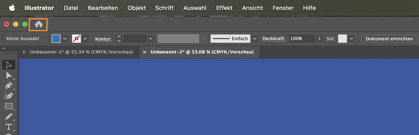 Aktives Dokument im Arbeitsbereich mit der Schaltfläche zum Wechseln zum Startbildschirm.
