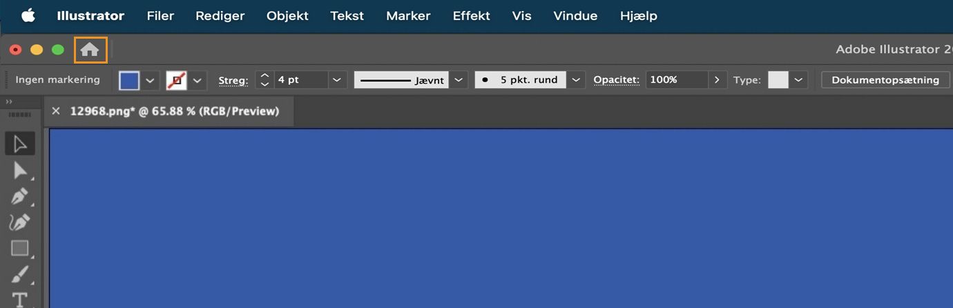 Primært dokument i arbejdsrummet med knappen til at skifte til startskærmen.