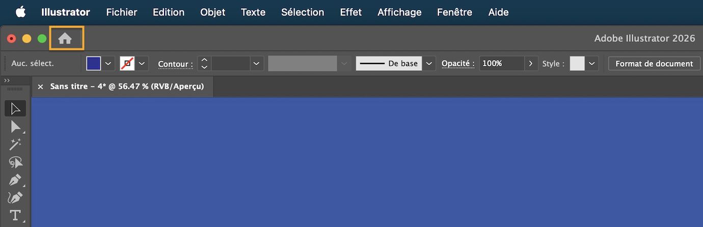 Document actif dans l’espace de travail avec le bouton pour basculer vers l’écran d’accueil.
