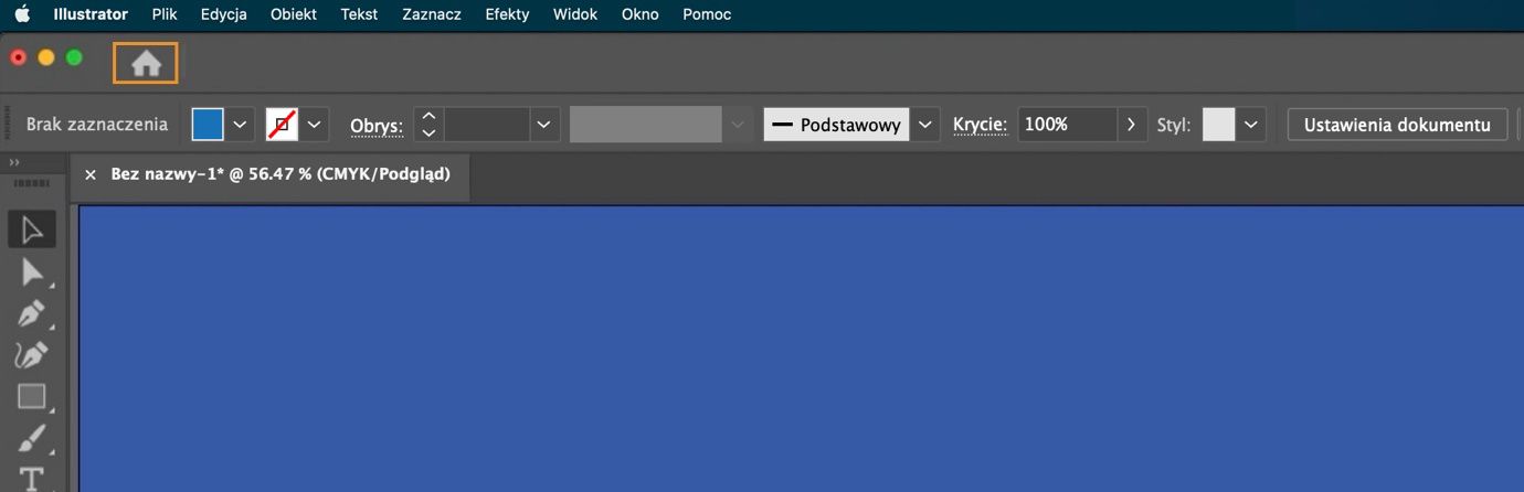 Główny dokument w przestrzeni roboczej z przyciskiem do przełączenia na ekran główny.
