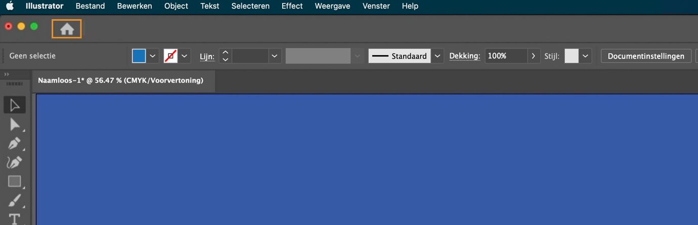 Primaire document in de werkruimte met de button om naar het startscherm te schakelen.