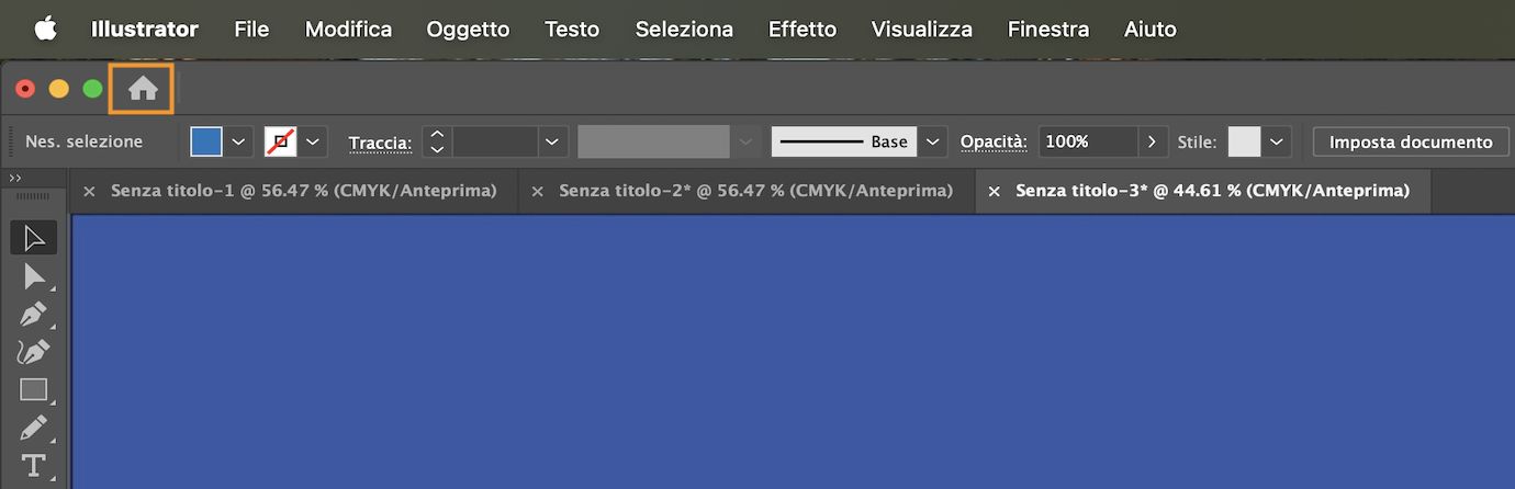 Documento primario nell'area di lavoro con il pulsante per passare alla schermata iniziale.