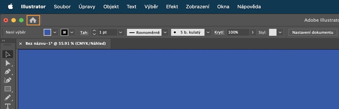 Primární dokument v pracovní ploše s tlačítkem pro přepnutí na úvodní obrazovku.