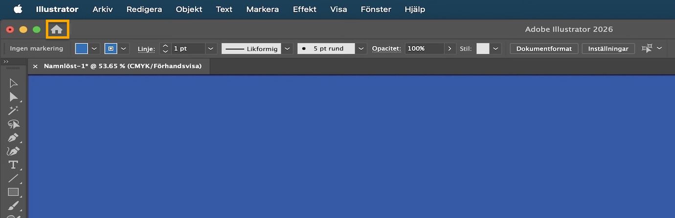 Primärt dokument i arbetsytan med knappen för att växla till startskärmen.