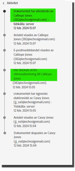 Aktivitetslistan där vittnets attest visas