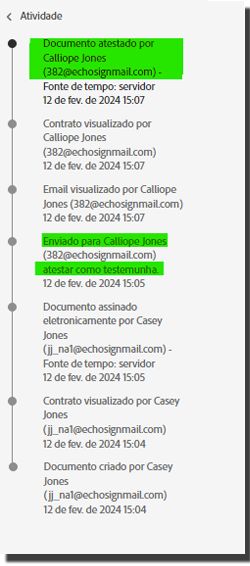 Lista de Atividade, realçando a assinatura da testemunha