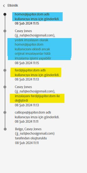 Sözleşmenin, Alıcı Değiştir ve Ekle etkinliklerini vurgulayan Etkinlik listesi.