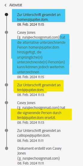 In der Aktivitätsliste der Vereinbarung werden die Ereignisse „Empfangende ersetzen“ und „Empfangende hinzufügen“ hervorgehoben.