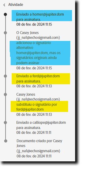 A lista de Atividade do contrato que realça os eventos Substituir e Adicionar recipient.