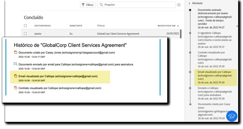 Evento de email visualizado no relatório de auditoria e no log de atividades