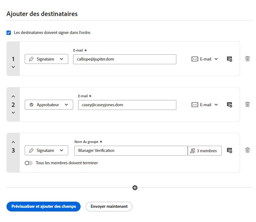 Environnement des destinataires avec le groupe de destinataires avec trois membres mis en évidence