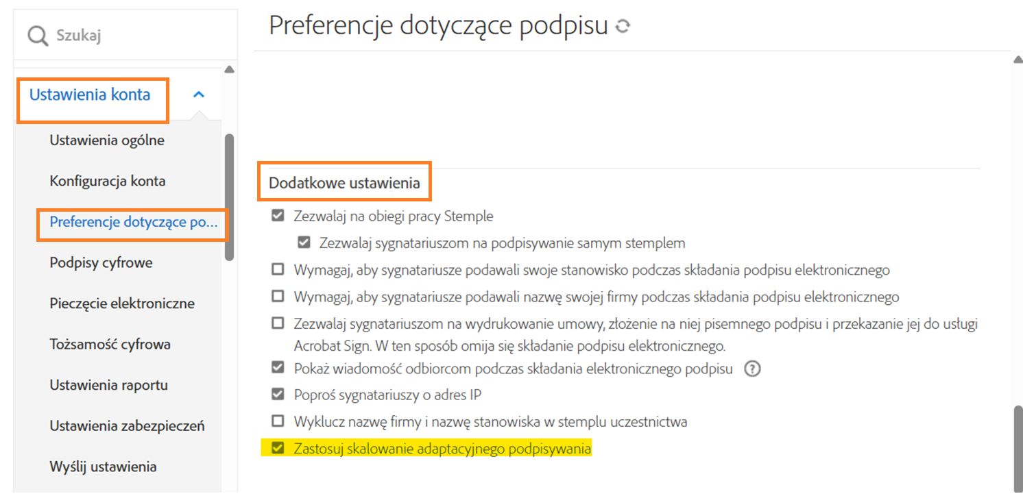 Menu administratora Preferencje dotyczące podpisu wyróżniające elementy sterujące obiegiem pracy Wymagany podpis mobilny.