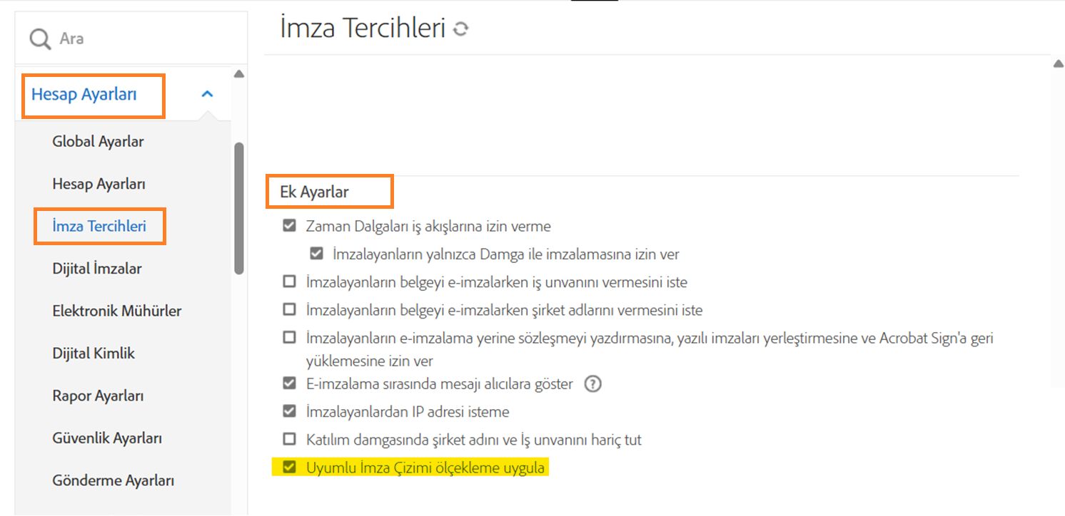 Gerekli Mobil İmza iş akışı kontrollerini vurgulayan İmza Tercihleri yönetici menüsü.