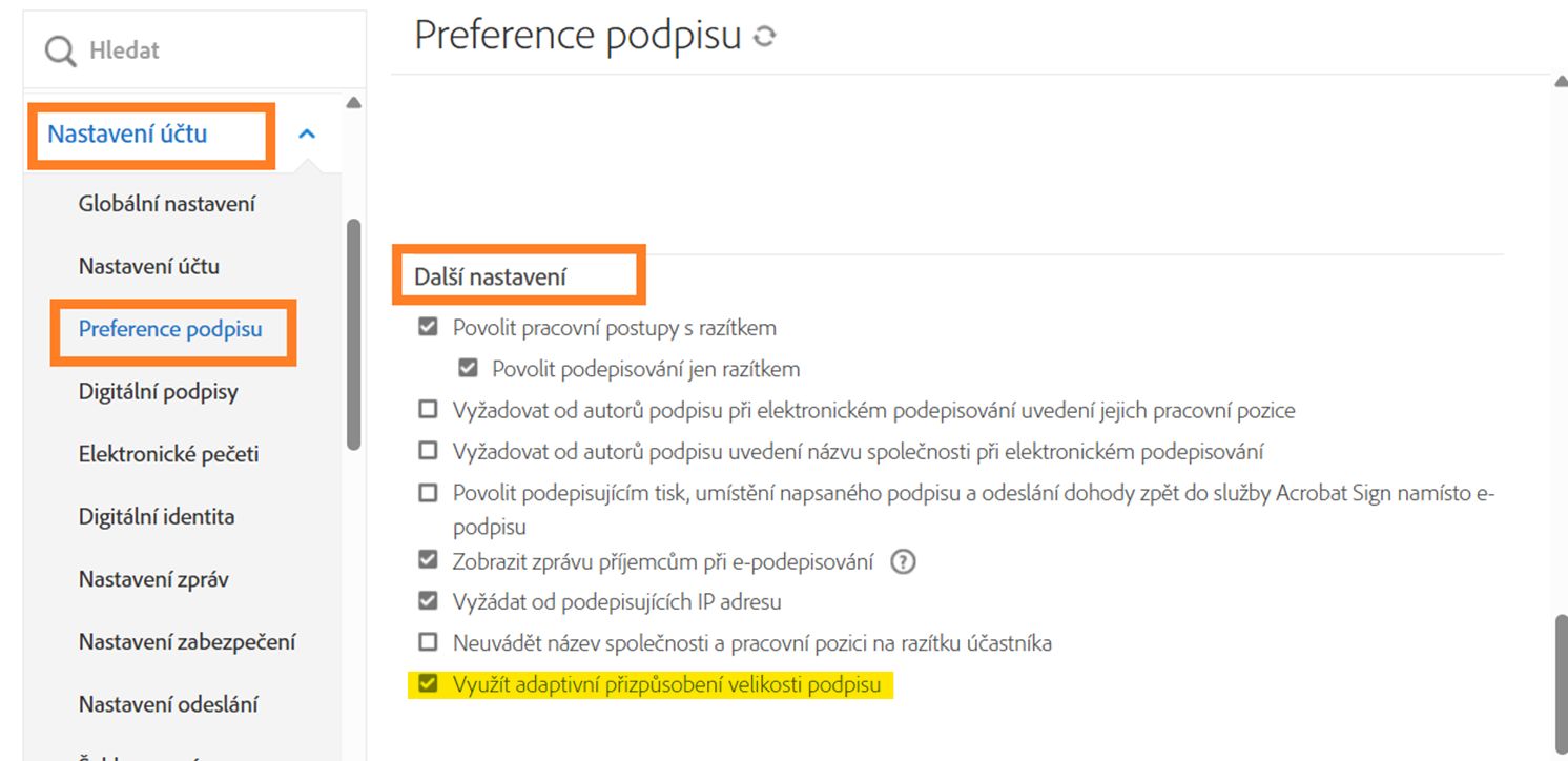 Nabídka správce Předvolby podpisu se zvýrazněním ovládacích prvků pracovního postupu Vyžadován mobilní podpis.
