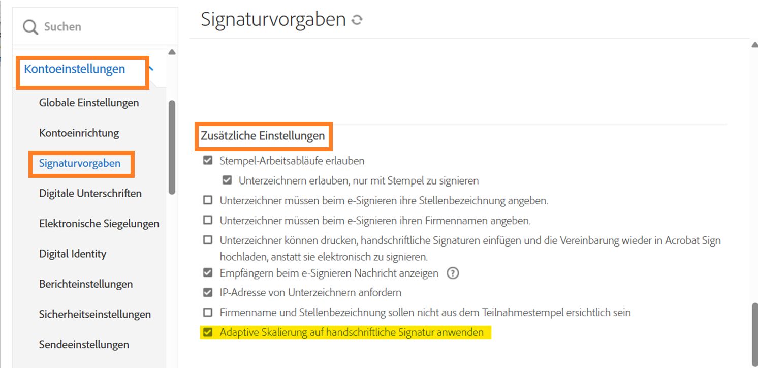 Das Admin-Menü „Signaturvorgaben“ mit hervorgehobenen Optionen für den erforderlichen Workflow für mobile Signaturen.
