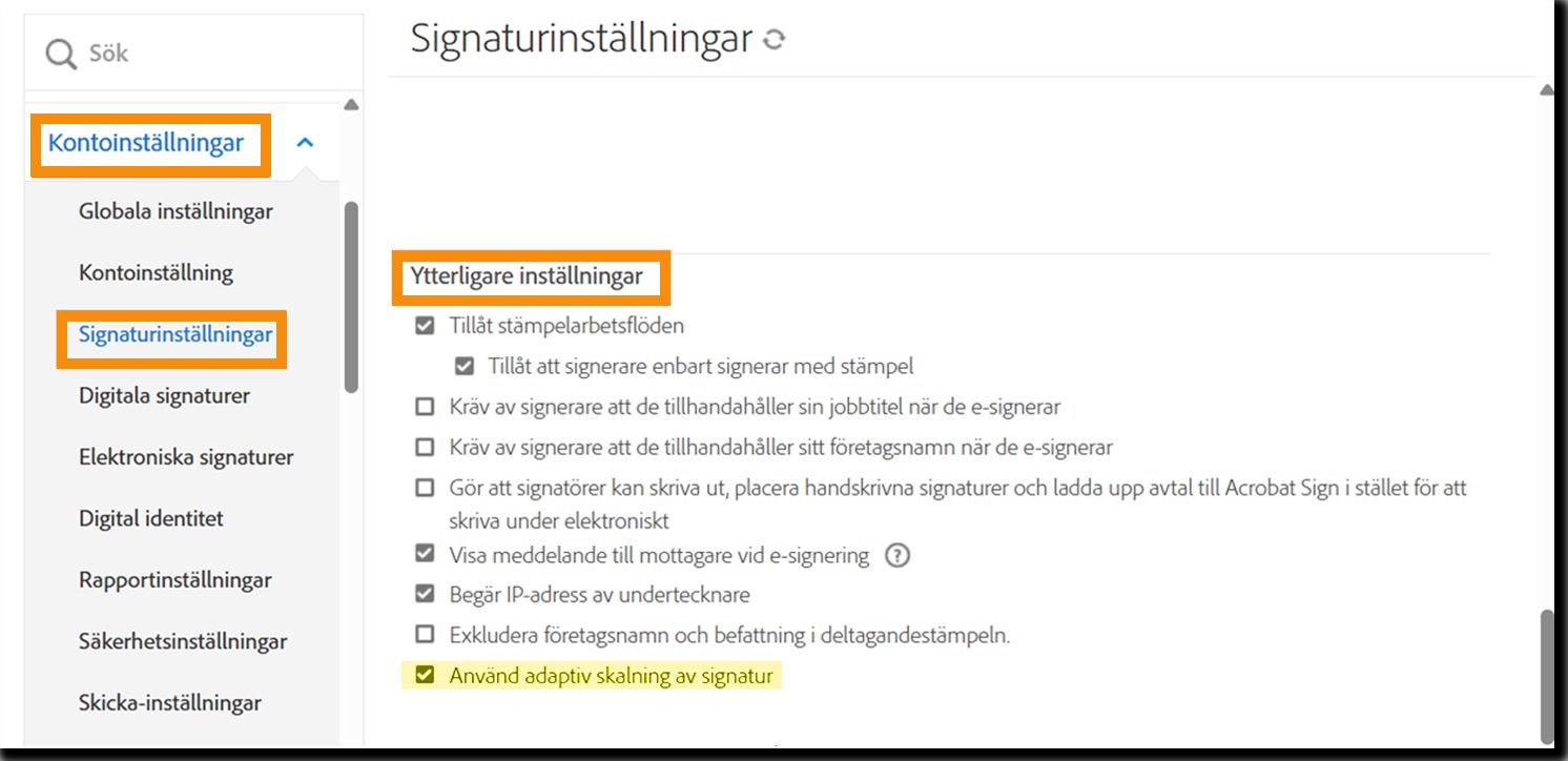 Administratörsmenyn Signaturinställningar där arbetsflödeskontrollerna för obligatorisk mobil signatur är markerade.