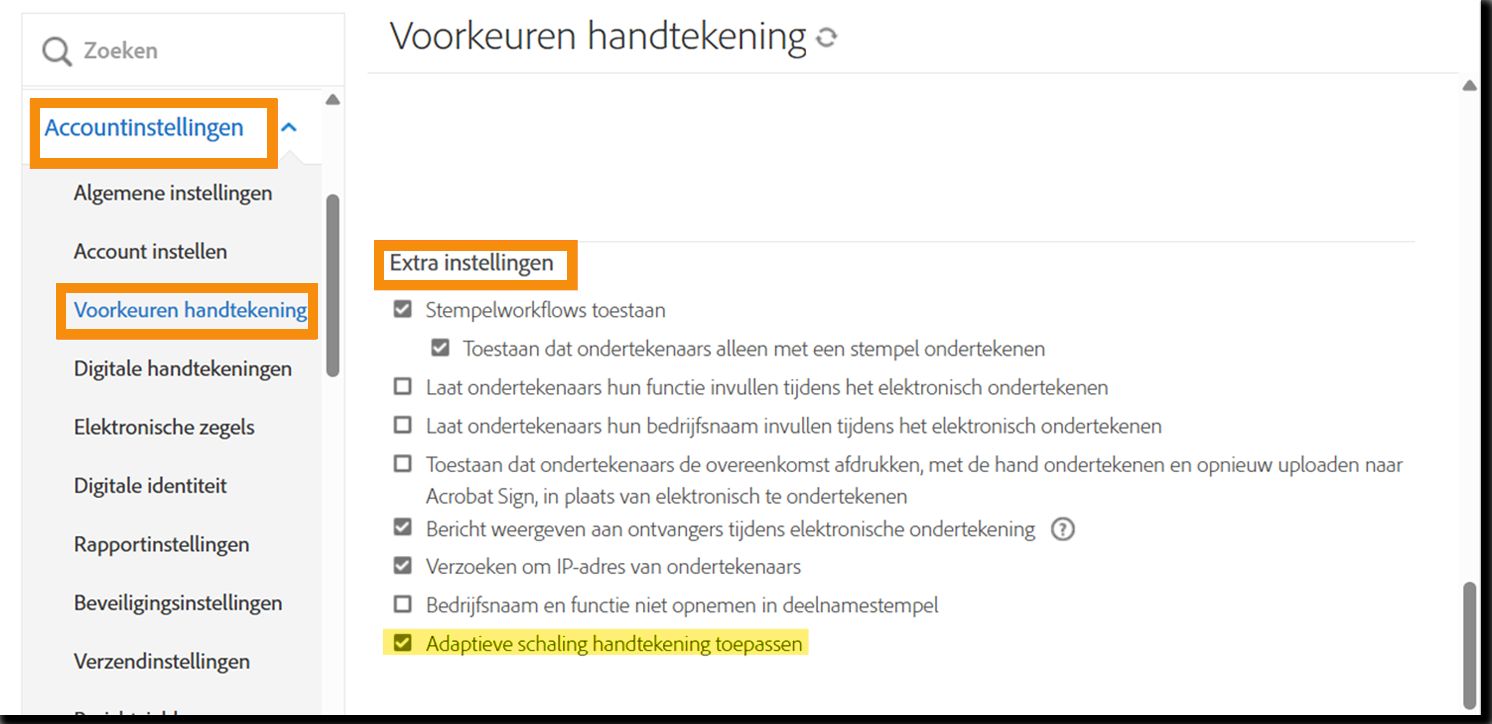 Het beheerdersmenu Handtekeningvoorkeuren met de besturingselementen voor de vereiste mobiele ondertekeningsworkflow gemarkeerd.