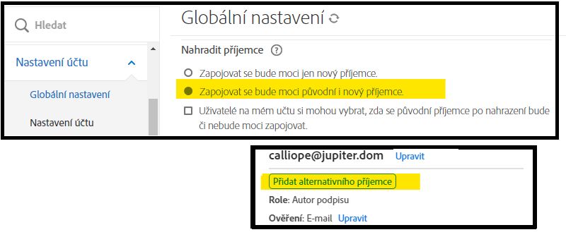 Nabídka správce Globální nastavení se zvýrazněním možnosti Přidat alternativního příjemce s vloženými ovládacími prvky stránky Správa určenými pro odesílatele.