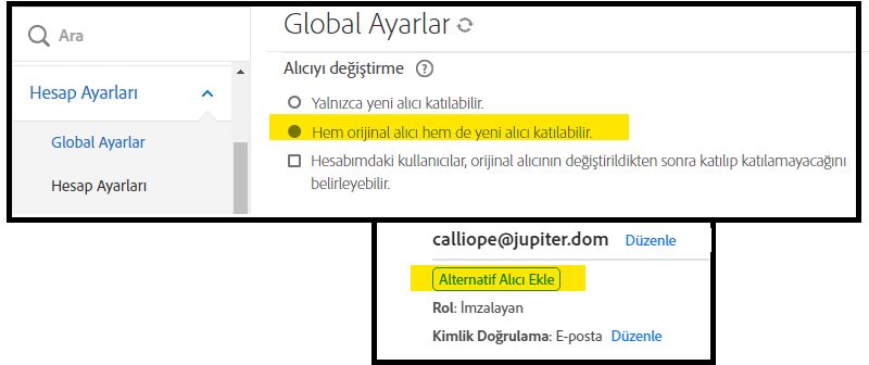 Gönderen için Yönet sayfası kontrollerinin bulunduğu Alternatif Alıcı Ekle seçeneğini vurgulayan Global Ayarlar yönetici menüsü.