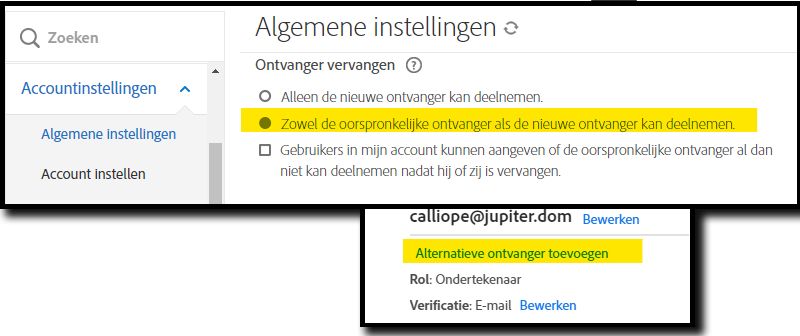 Het beheermenu voor algemene instellingen waarin de optie Alternatieve ontvanger toevoegen is gemarkeerd, met in een inzet de besturingselementen op de pagina Beheren voor de afzender.