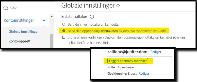 Administratormenyen Globale innstillinger uthever alternativet Legg til alternativ mottaker med et innrykk i Behandle-sidekontrollene for avsenderen.