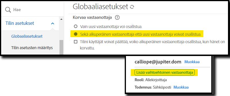 Yleisasetukset-hallintovalikossa Lisää vaihtoehtoinen vastaanottaja -vaihtoehto on korostettu lähettäjän Hallinta-sivun ohjausobjektien ohella.