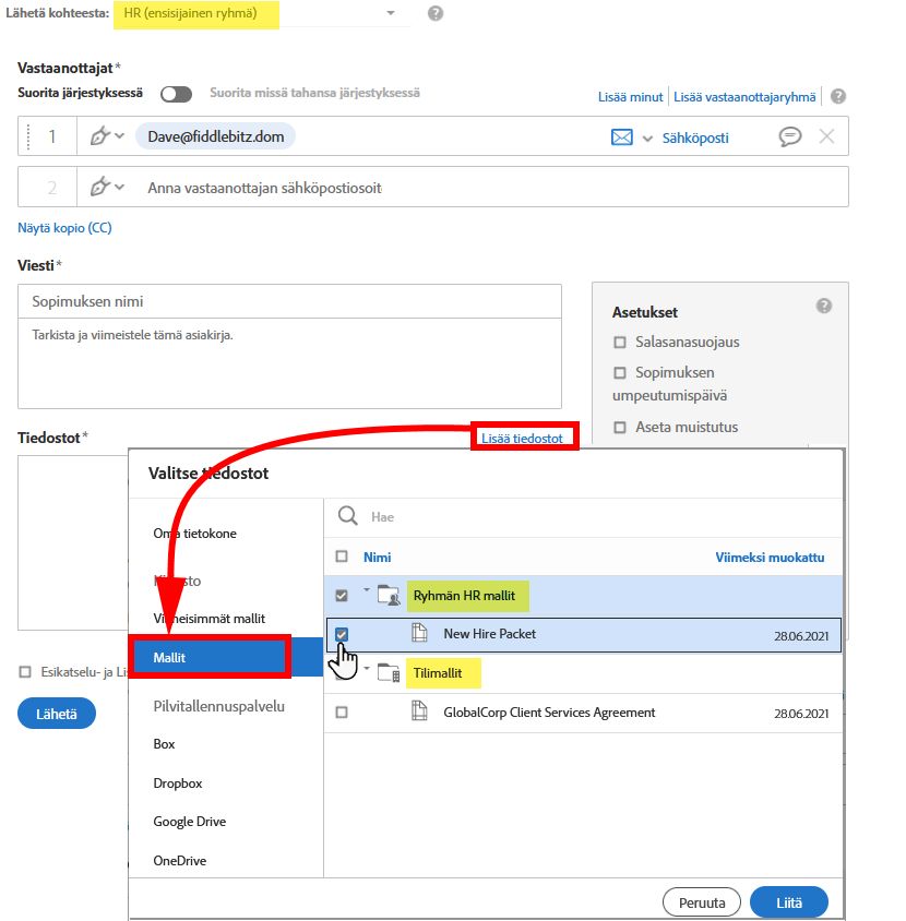 Kirjastodokumentin liittäminen sopimukseen